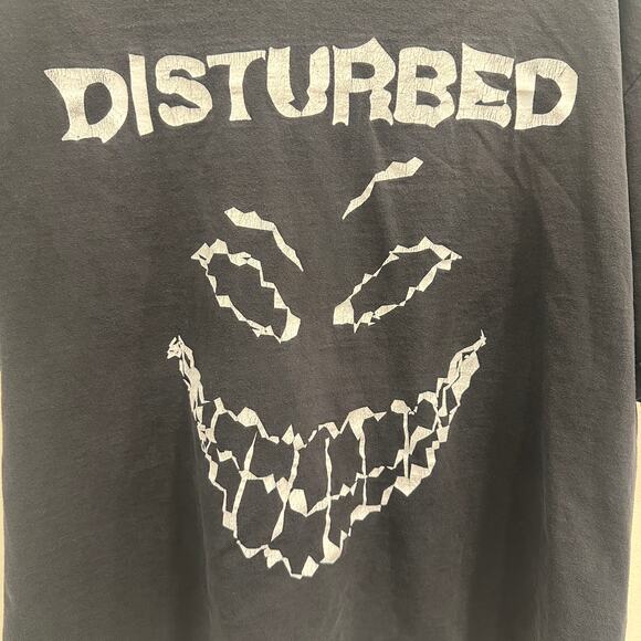 VTG Y2K 00s Disturbed Band Tee Black Glow in the Dark Smile DIY Crop Nu Metal XL - Picture 3 of 9